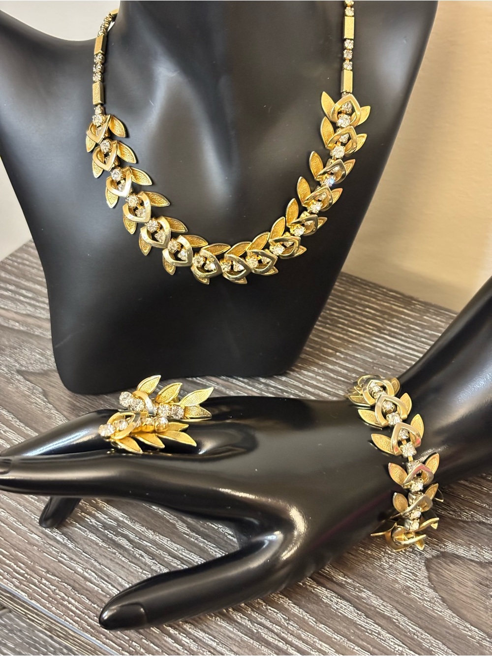 Vintage Signed EMJ Emmons Gold Tone Rhinestone Parure Necklace Bracelet Earrings